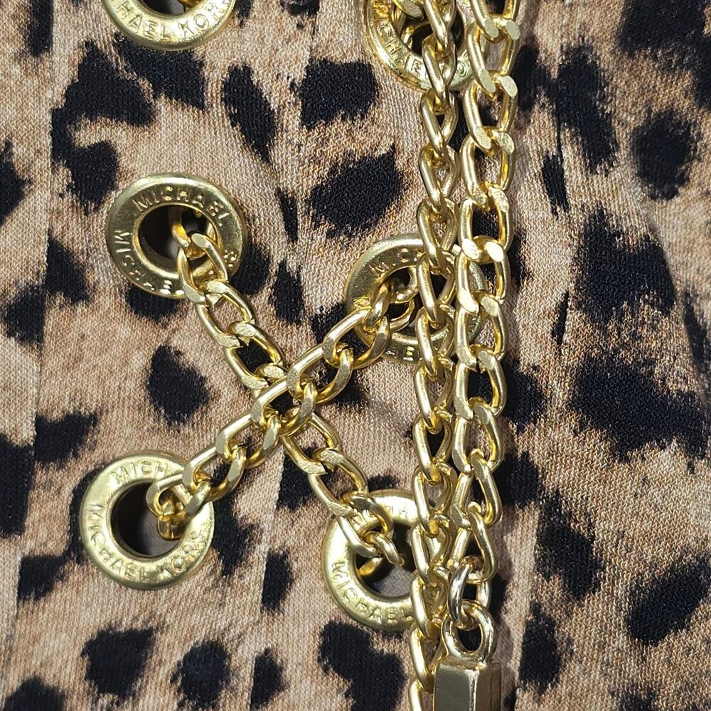 Michael Kors Sz 10 Leopard Print Slinky Stretch Dress Gold Chain Lace Up Detail - Picture 3 of 9